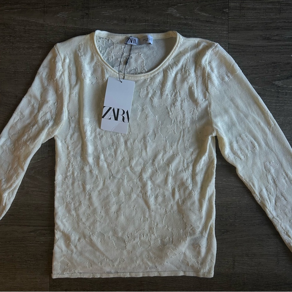Zara Semi Sheer Cream Long Sleeve Top with burnout material pattern NWT